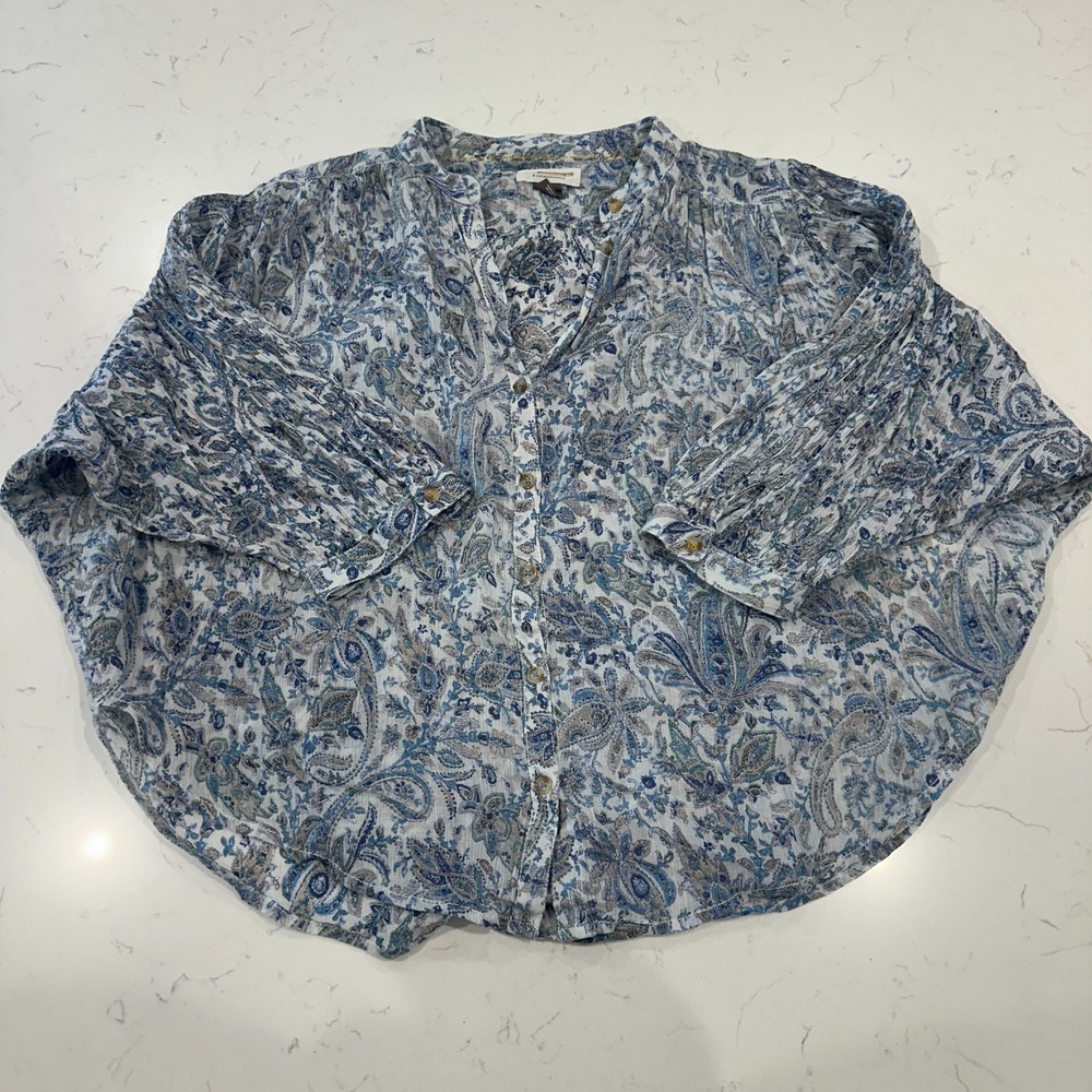 Pilcro Anthropologie Womens Small Top Paisley Blue Boho Loose Flowy Lightweight